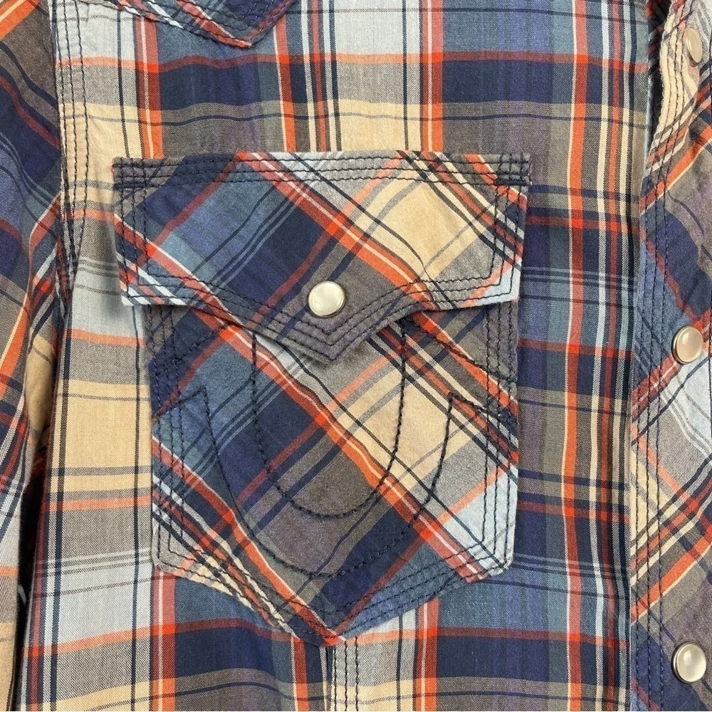True Religion Men's Plaid Western Shirt Pearl Snap Buttons Blue size Sm Casual
